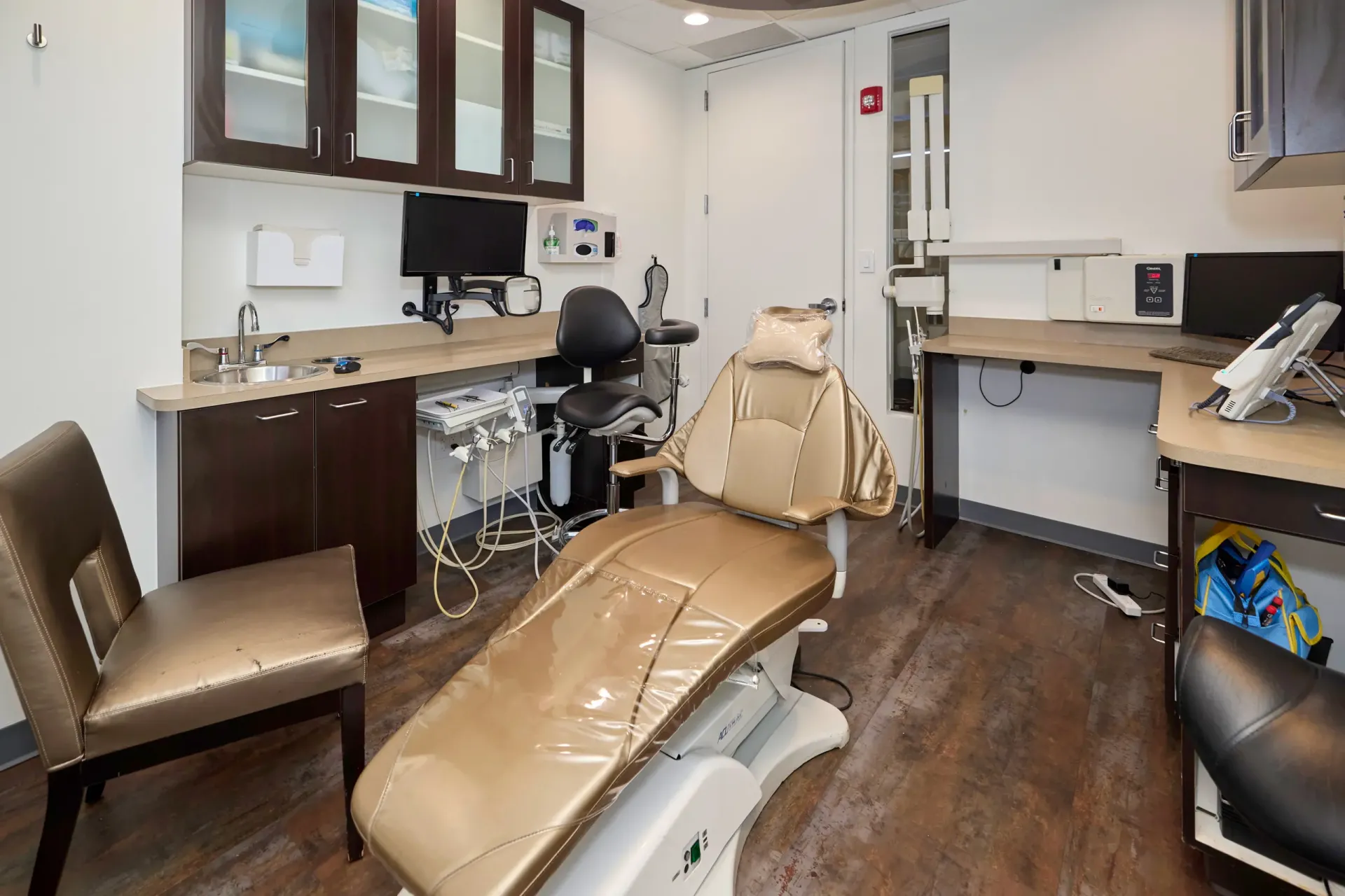 A tan dentist chair