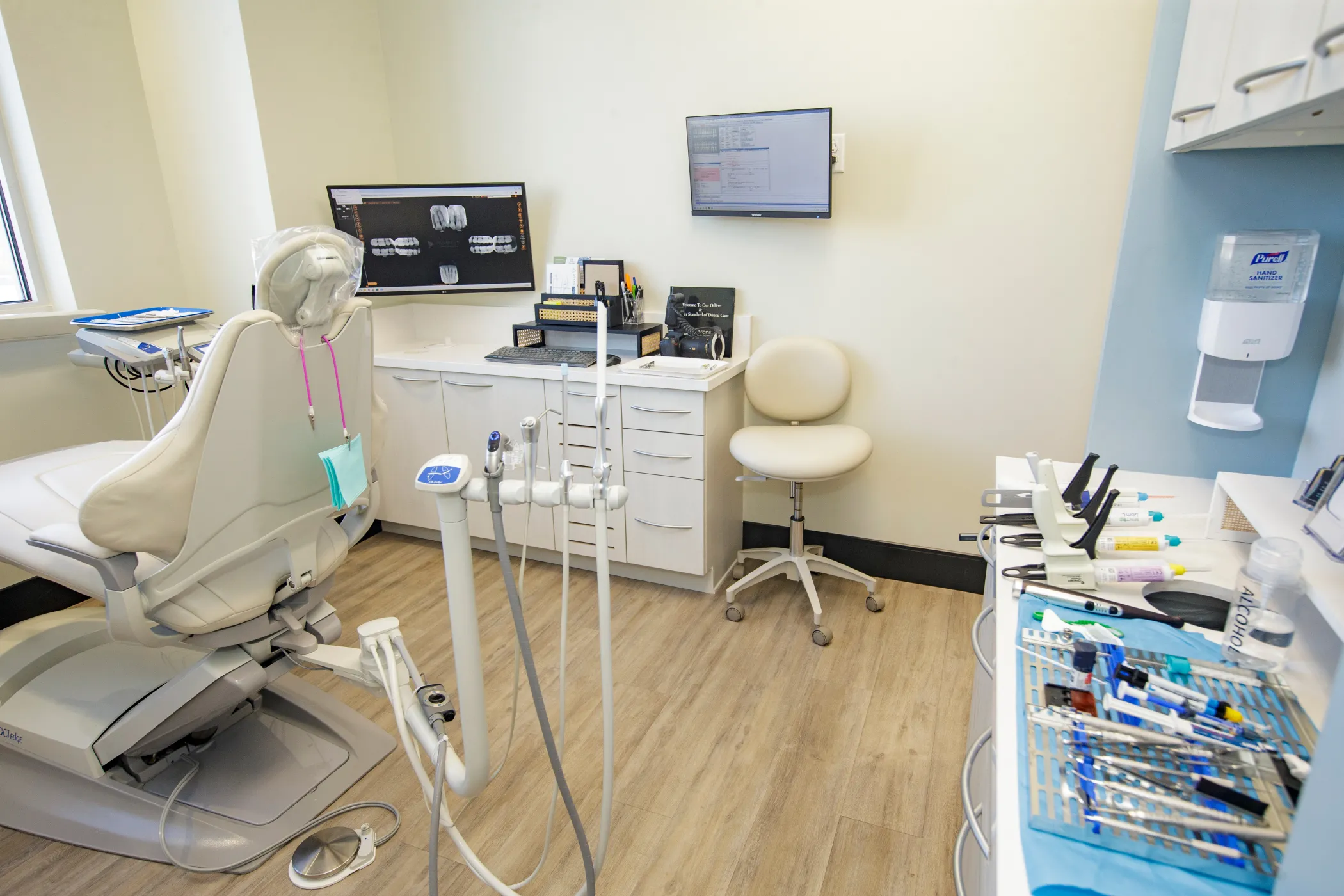 Dentist chair and tools in office. 